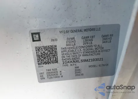 2021 GMC Acadia Awd Denali z USA, uszkodzony, nr VIN 1GKKNXLS9MZ103021